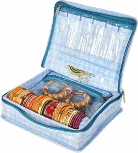 Check Design Laminated PVC Jewellery Box/Organizer with 4 Transparent Pouch & 1 Bangle/Watch Rod (Blue)-HS_38_KUBMART21274