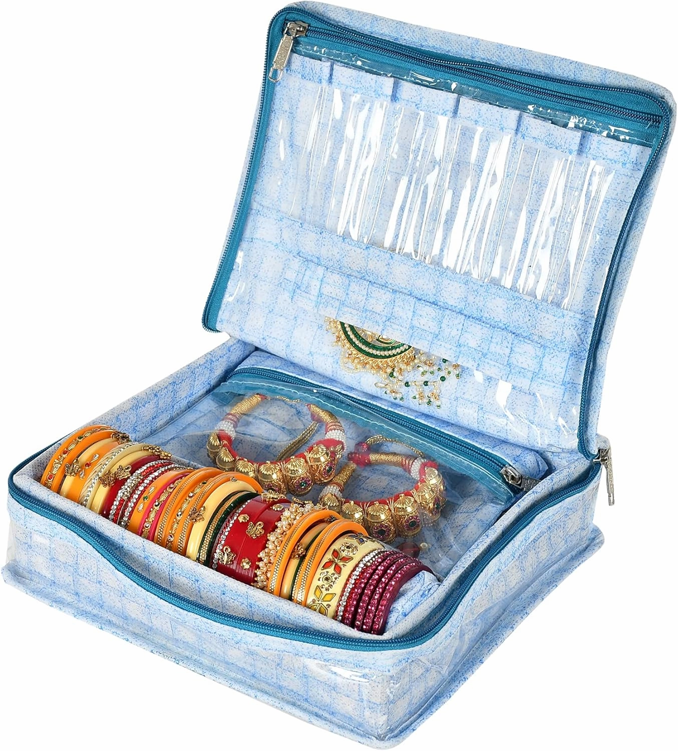 Check Design Laminated PVC Jewellery Box/Organizer with 4 Transparent Pouch & 1 Bangle/Watch Rod (Blue)-HS_38_KUBMART21274