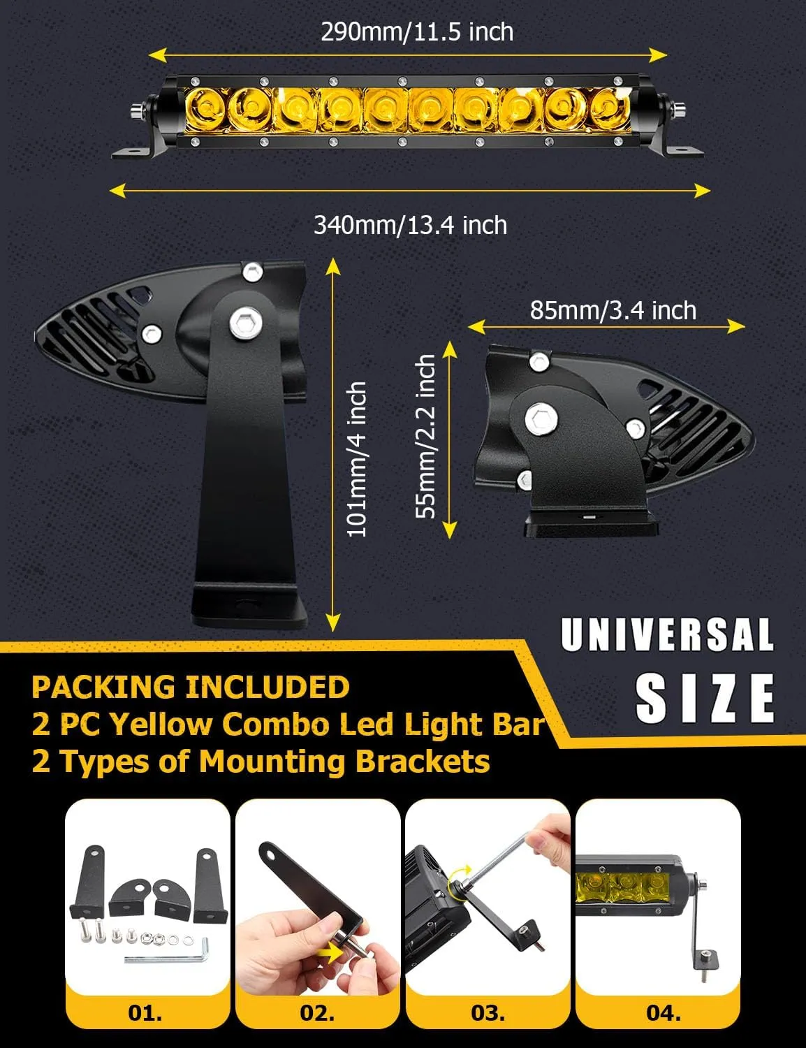 Chelhead 11 Inch Led Light Bar Yellow Slim Off Road Driving Lights Compatible with Trucks Pickup SUV ATV UTV Boat 4x4 Van Camper