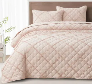 Chezmoi Collection Annabelle 3-Piece Blush Queen Size Quilt Set - Diamond Ruffle Stone-Washed Super Soft Lightweight Microfiber Quilted Bedspread Set for All Seasons