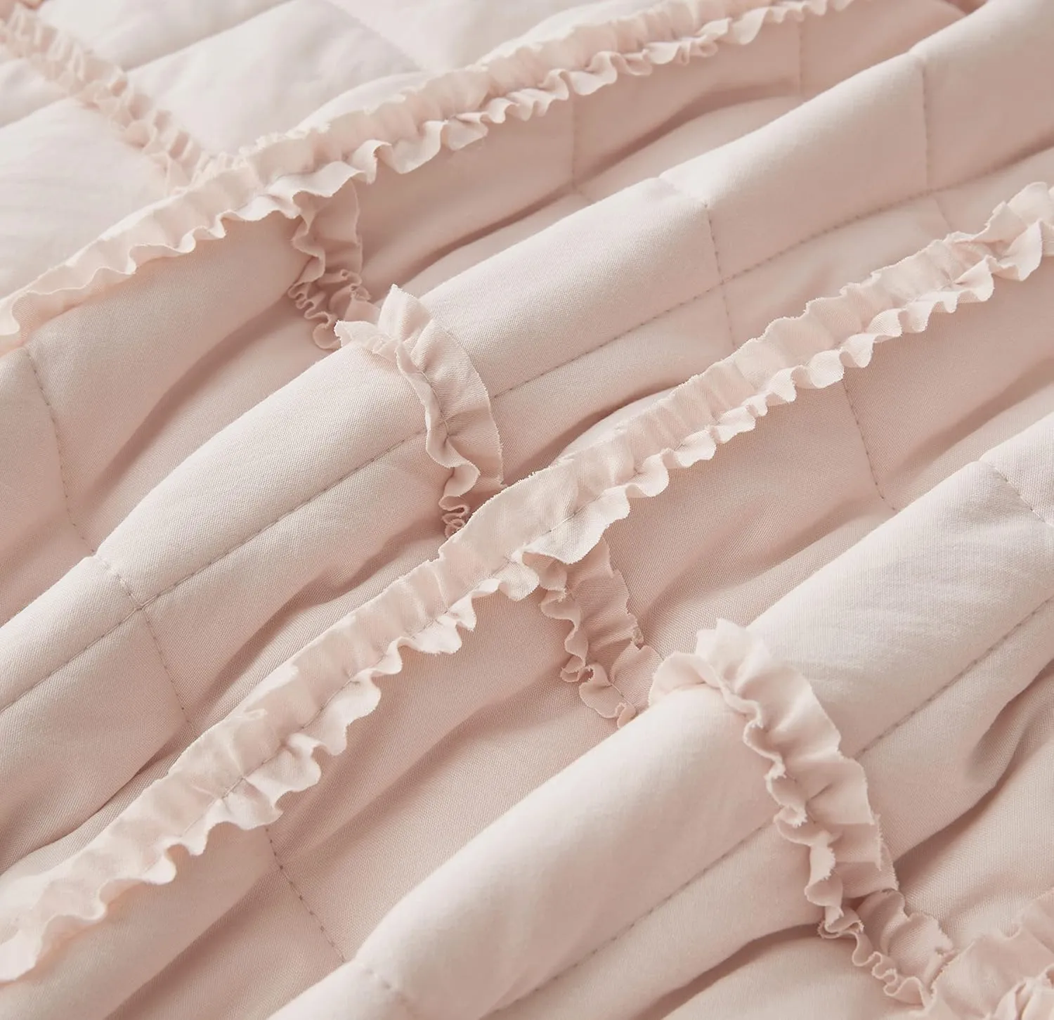 Chezmoi Collection Annabelle 3-Piece Blush Queen Size Quilt Set - Diamond Ruffle Stone-Washed Super Soft Lightweight Microfiber Quilted Bedspread Set for All Seasons