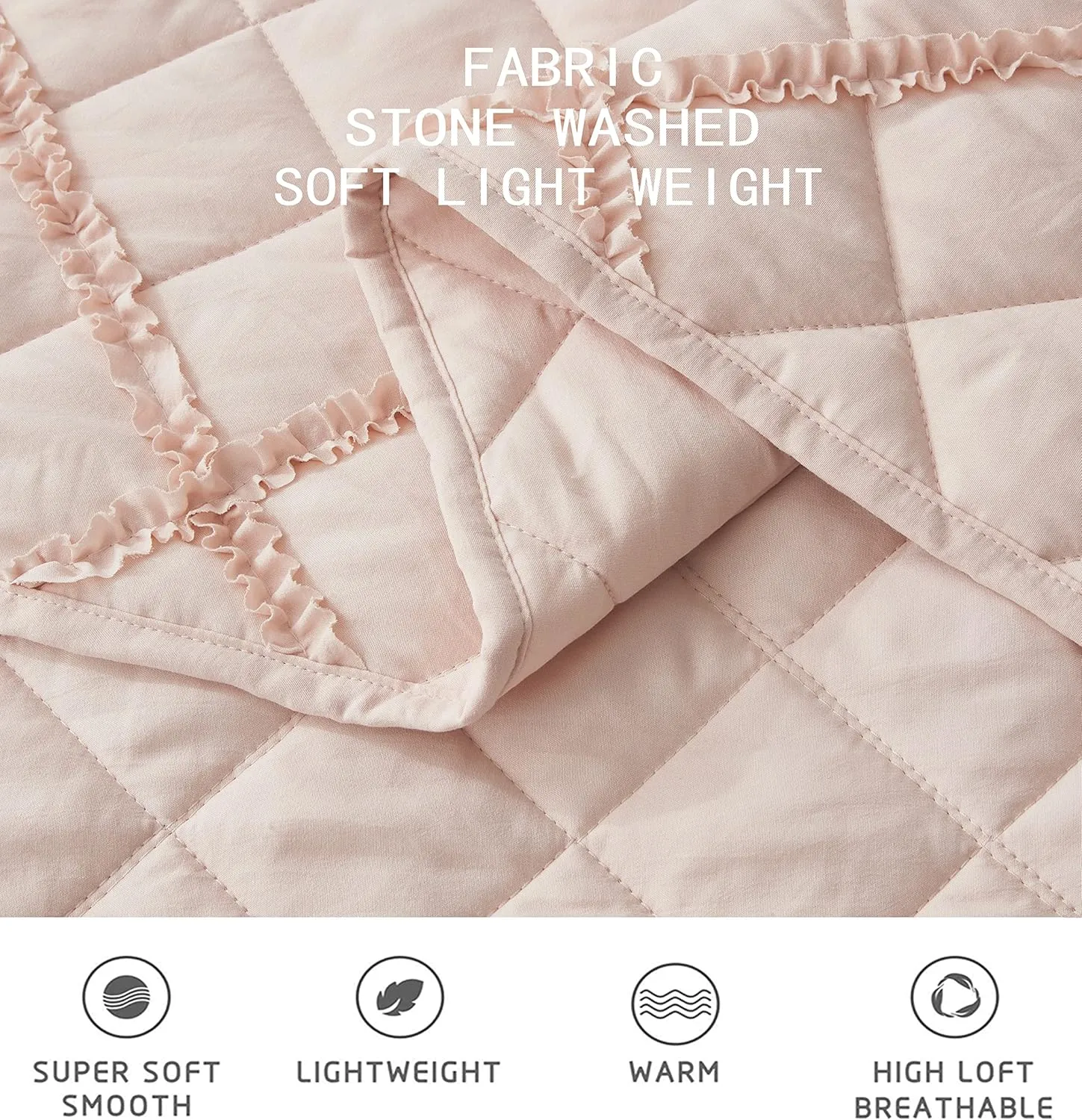 Chezmoi Collection Annabelle 3-Piece Blush Queen Size Quilt Set - Diamond Ruffle Stone-Washed Super Soft Lightweight Microfiber Quilted Bedspread Set for All Seasons