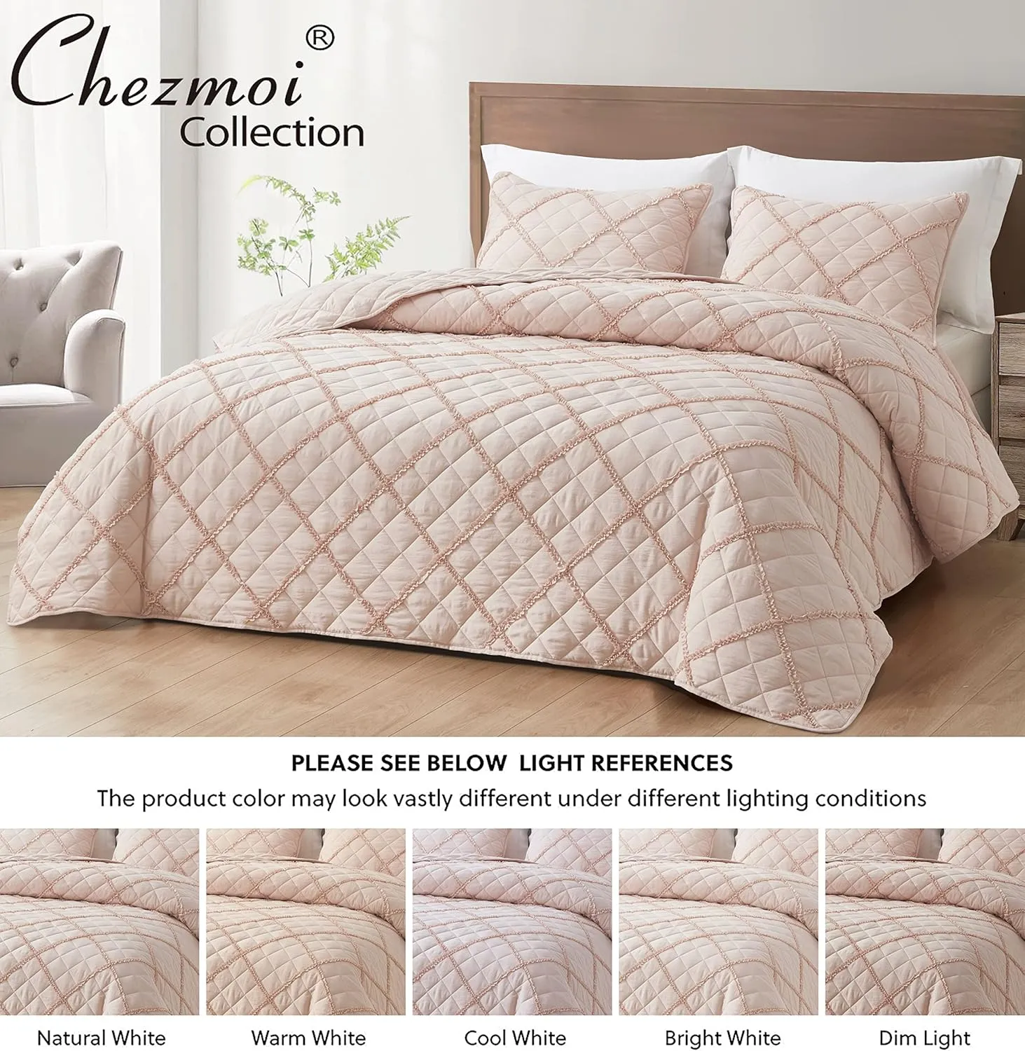 Chezmoi Collection Annabelle 3-Piece Blush Queen Size Quilt Set - Diamond Ruffle Stone-Washed Super Soft Lightweight Microfiber Quilted Bedspread Set for All Seasons