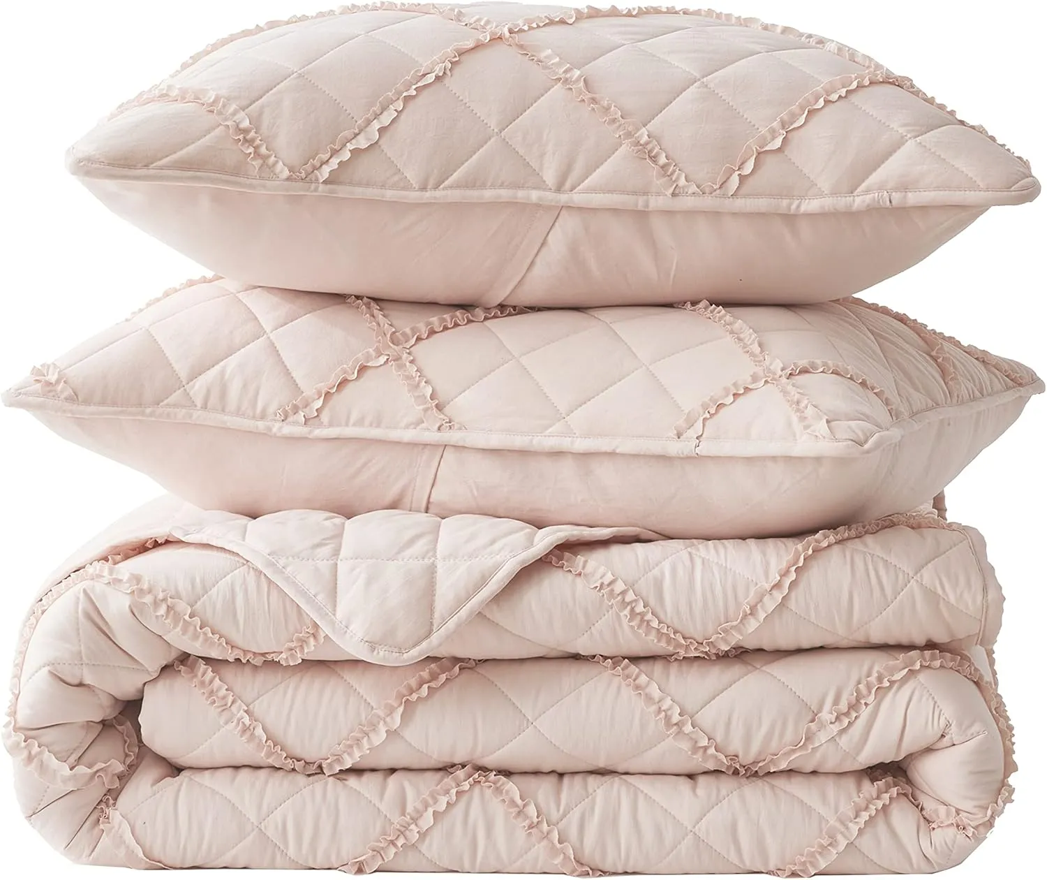 Chezmoi Collection Annabelle 3-Piece Blush Queen Size Quilt Set - Diamond Ruffle Stone-Washed Super Soft Lightweight Microfiber Quilted Bedspread Set for All Seasons