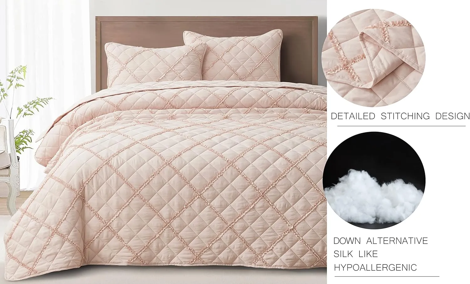 Chezmoi Collection Annabelle 3-Piece Blush Queen Size Quilt Set - Diamond Ruffle Stone-Washed Super Soft Lightweight Microfiber Quilted Bedspread Set for All Seasons