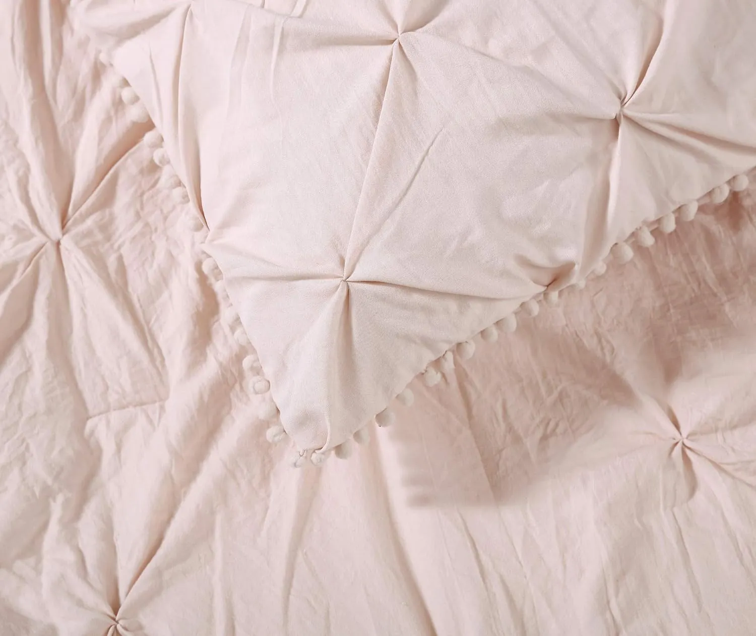 Chezmoi Collection Natalia 2-Piece Pom Poms Fringe Pinch Pleat Duvet Cover Set - Hypoallergenic Soft Washed Microfiber Comforter Cover with Button Closure and Corner Ties - Twin, Blush