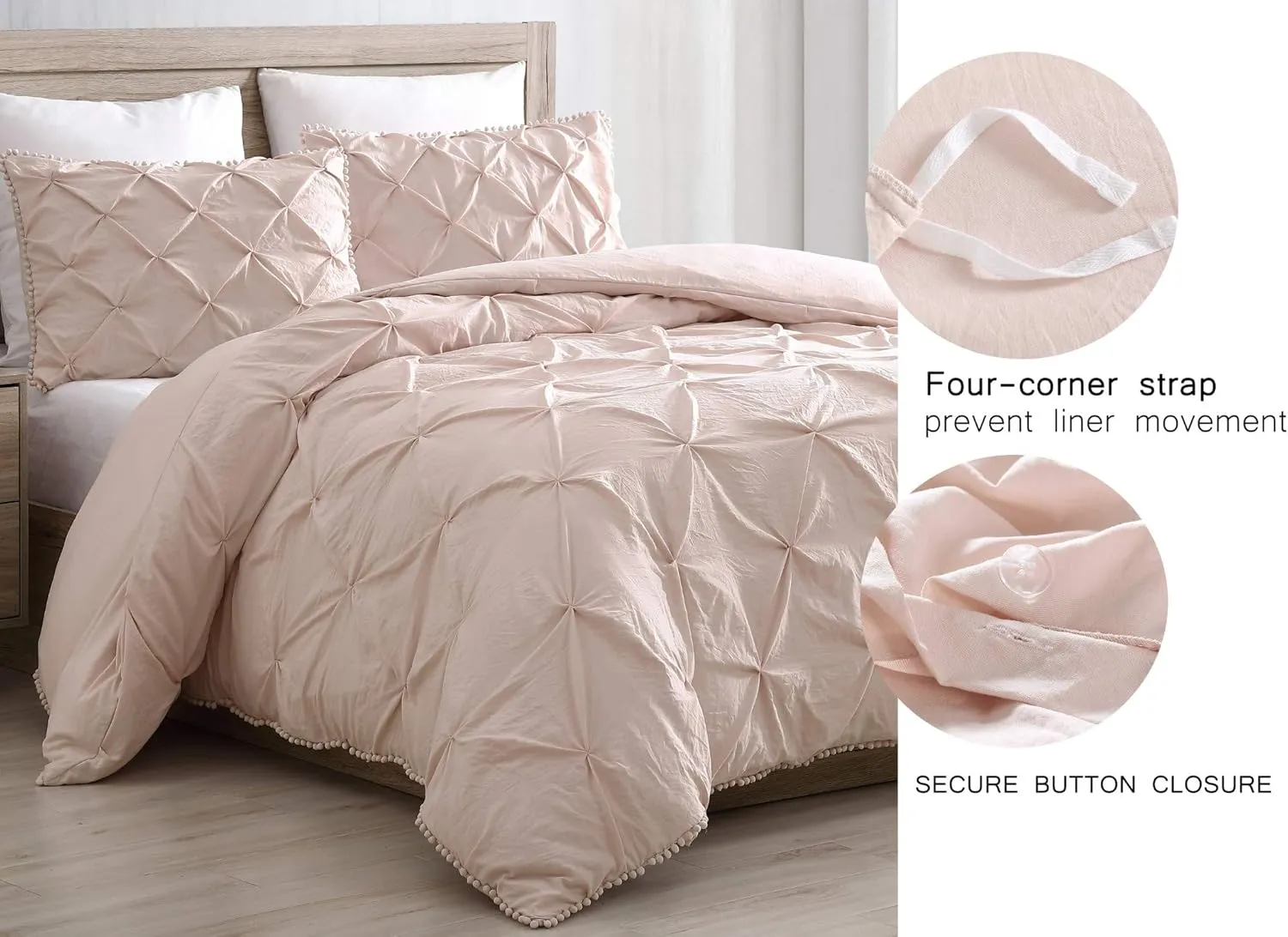 Chezmoi Collection Natalia 2-Piece Pom Poms Fringe Pinch Pleat Duvet Cover Set - Hypoallergenic Soft Washed Microfiber Comforter Cover with Button Closure and Corner Ties - Twin, Blush
