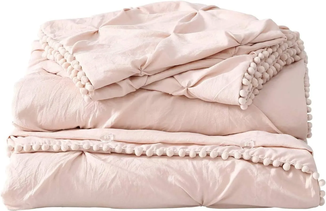 Chezmoi Collection Natalia 2-Piece Pom Poms Fringe Pinch Pleat Duvet Cover Set - Hypoallergenic Soft Washed Microfiber Comforter Cover with Button Closure and Corner Ties - Twin, Blush