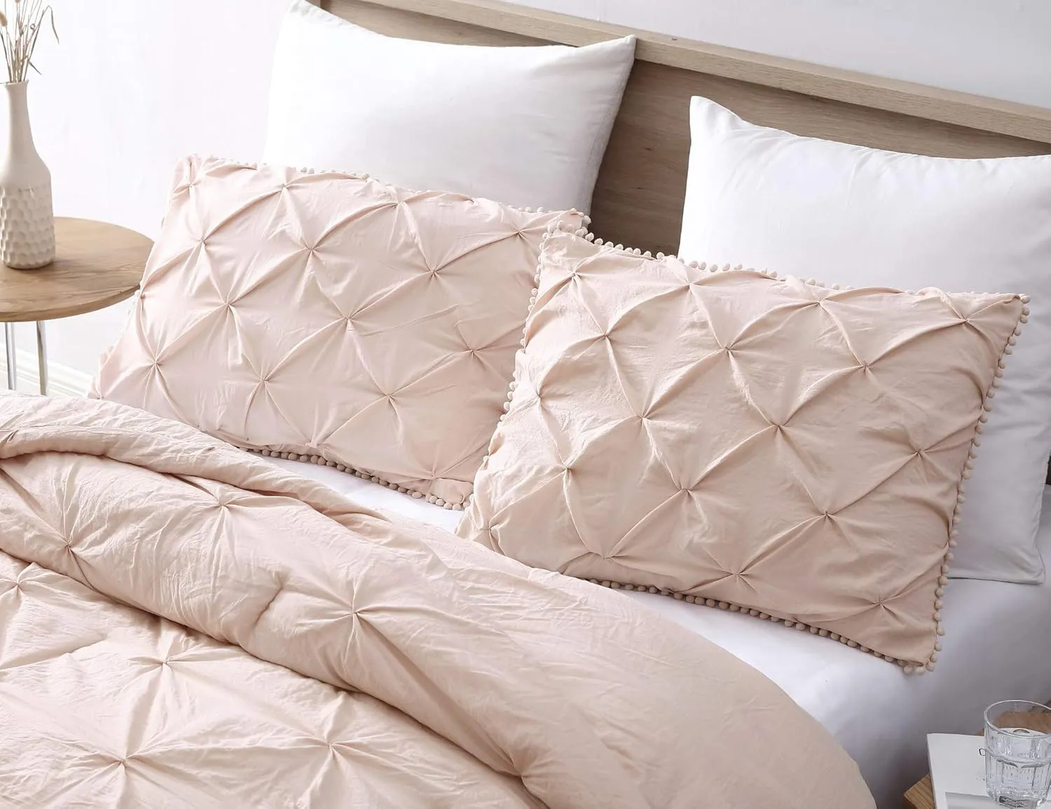 Chezmoi Collection Natalia 2-Piece Pom Poms Fringe Pinch Pleat Duvet Cover Set - Hypoallergenic Soft Washed Microfiber Comforter Cover with Button Closure and Corner Ties - Twin, Blush