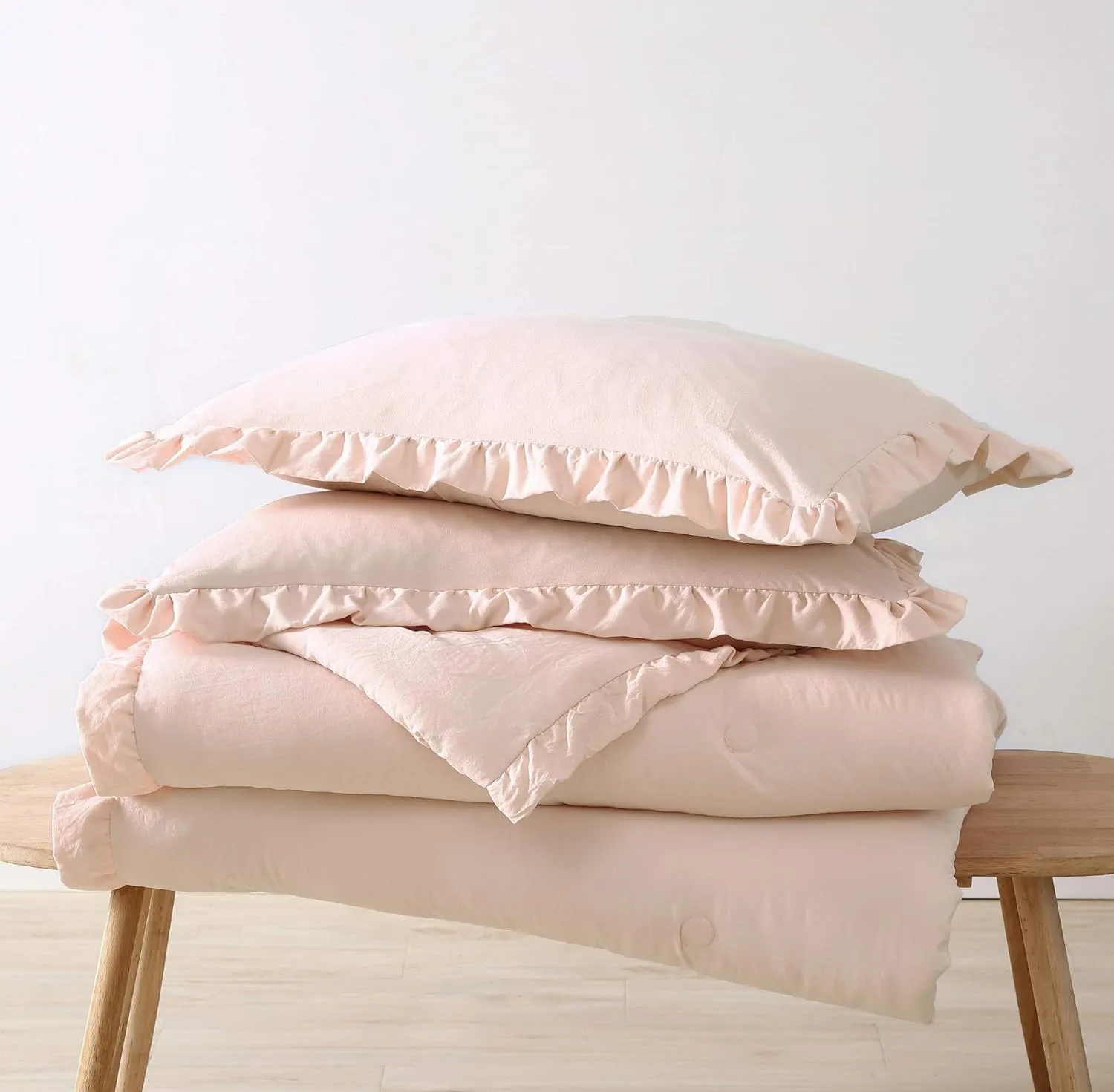 Chezmoi Collection Nora 3-Piece Ruffled Edge Trim Soft Washed Microfiber Comforter Set (Queen, Blush)