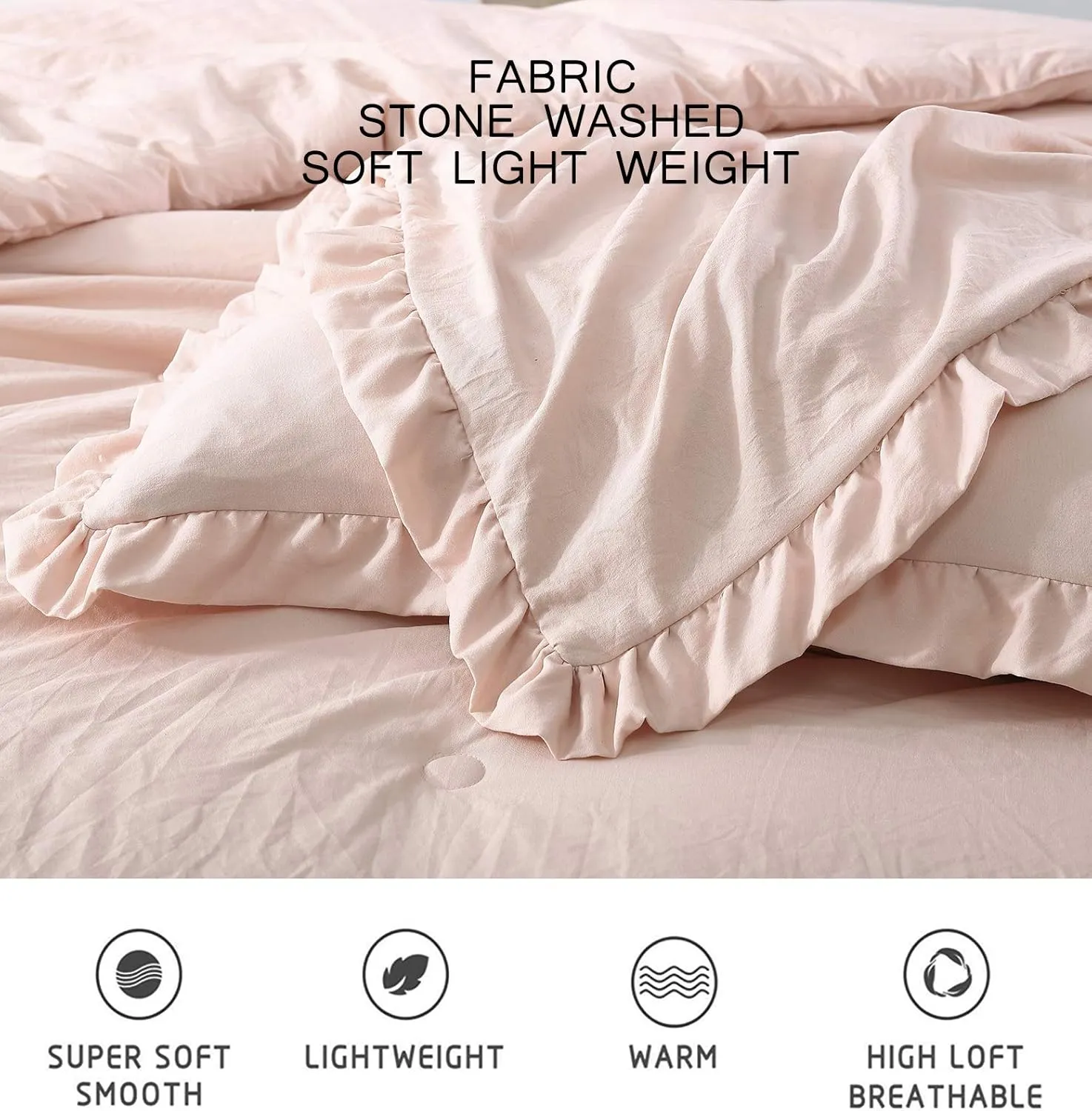 Chezmoi Collection Nora 3-Piece Ruffled Edge Trim Soft Washed Microfiber Comforter Set (Queen, Blush)