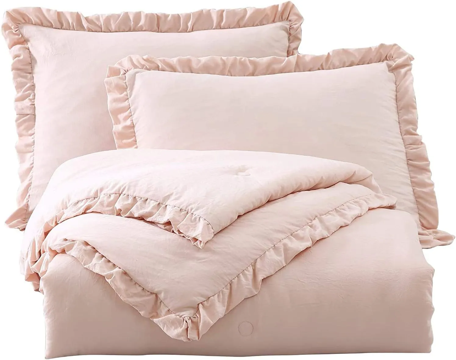 Chezmoi Collection Nora 3-Piece Ruffled Edge Trim Soft Washed Microfiber Comforter Set (Queen, Blush)