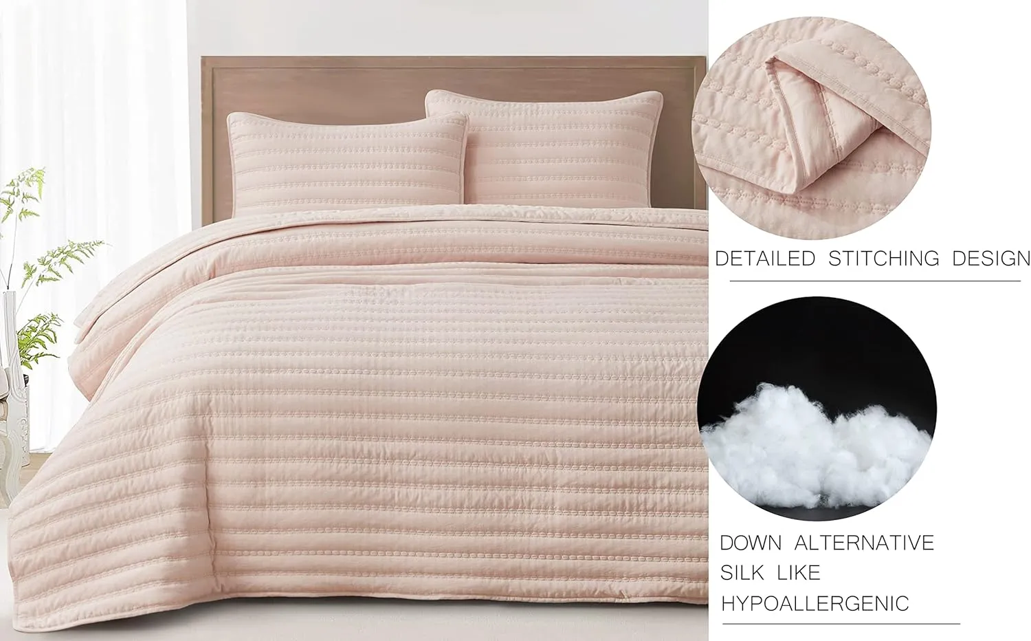 Chezmoi Collection Valkyrie 3-Piece Blush King Size Quilt Set - Cross Stitch Stone-Washed Soft Microfiber Lightweight Quilted Bedspread Set for All Seasons