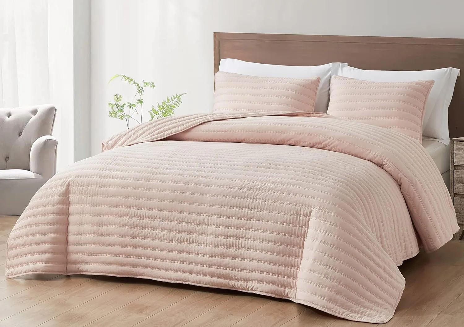Chezmoi Collection Valkyrie 3-Piece Blush King Size Quilt Set - Cross Stitch Stone-Washed Soft Microfiber Lightweight Quilted Bedspread Set for All Seasons