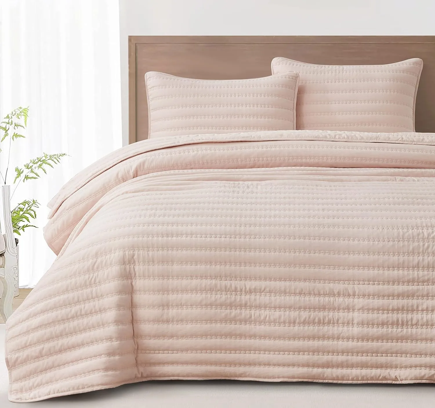 Chezmoi Collection Valkyrie 3-Piece Blush King Size Quilt Set - Cross Stitch Stone-Washed Soft Microfiber Lightweight Quilted Bedspread Set for All Seasons