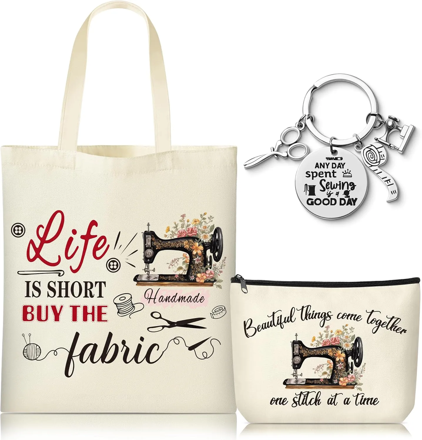 CJiangpo 3Pcs Vintage Sewing Tote Bag Canvas Bag with Keychain, Funny Quilting Gifts for Seamstress Women Sewing Lovers Mom, Cosmetic Organizer Makeup Pouch Sew Machine Themed Christmas Gift