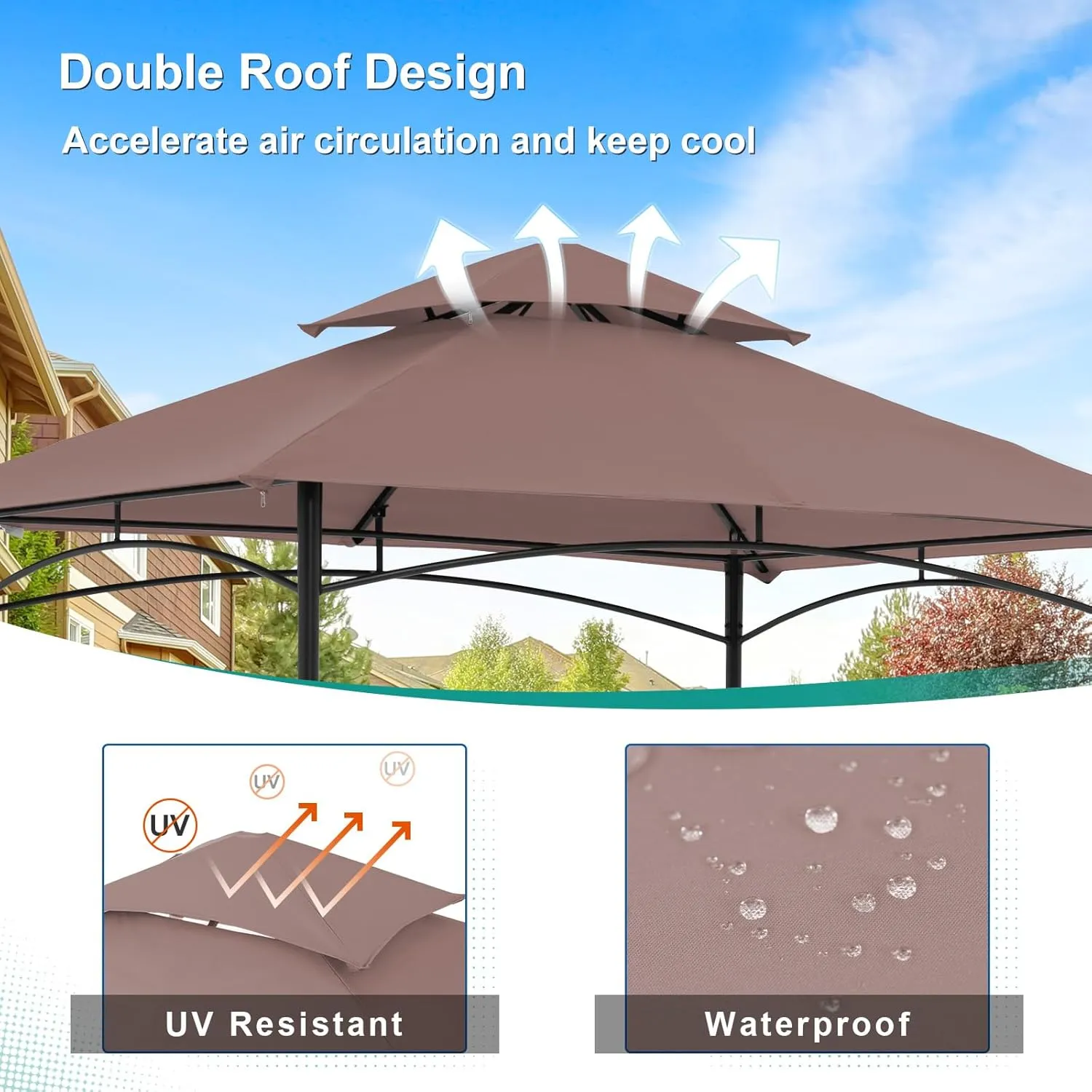 COBANA Grill Gazebo 8’x 5’ Outdoor Patio Backyard BBQ Grill Shelter Double Tiered Soft Canopy Top with Steel Frame and Bar Counters, Khaki
