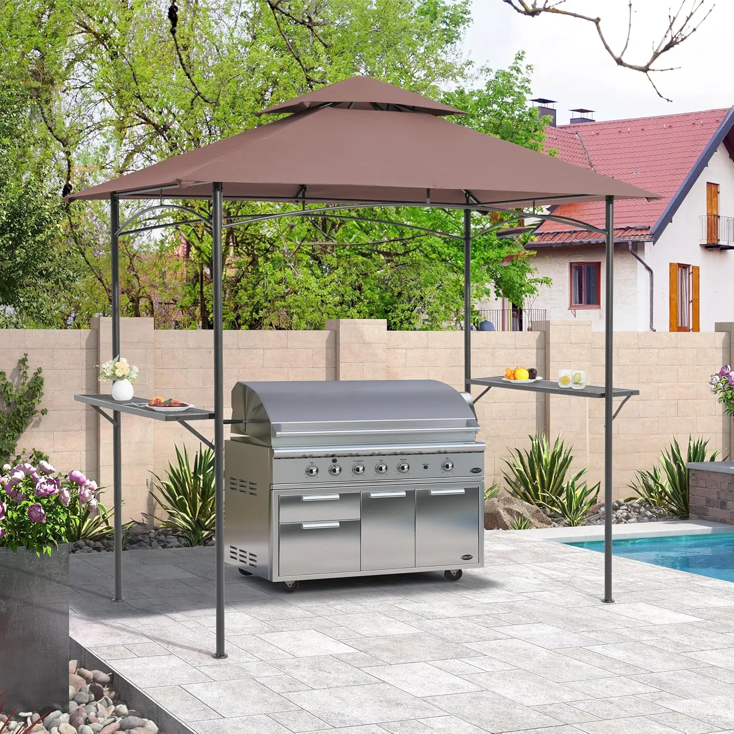 COBANA Grill Gazebo 8’x 5’ Outdoor Patio Backyard BBQ Grill Shelter Double Tiered Soft Canopy Top with Steel Frame and Bar Counters, Khaki