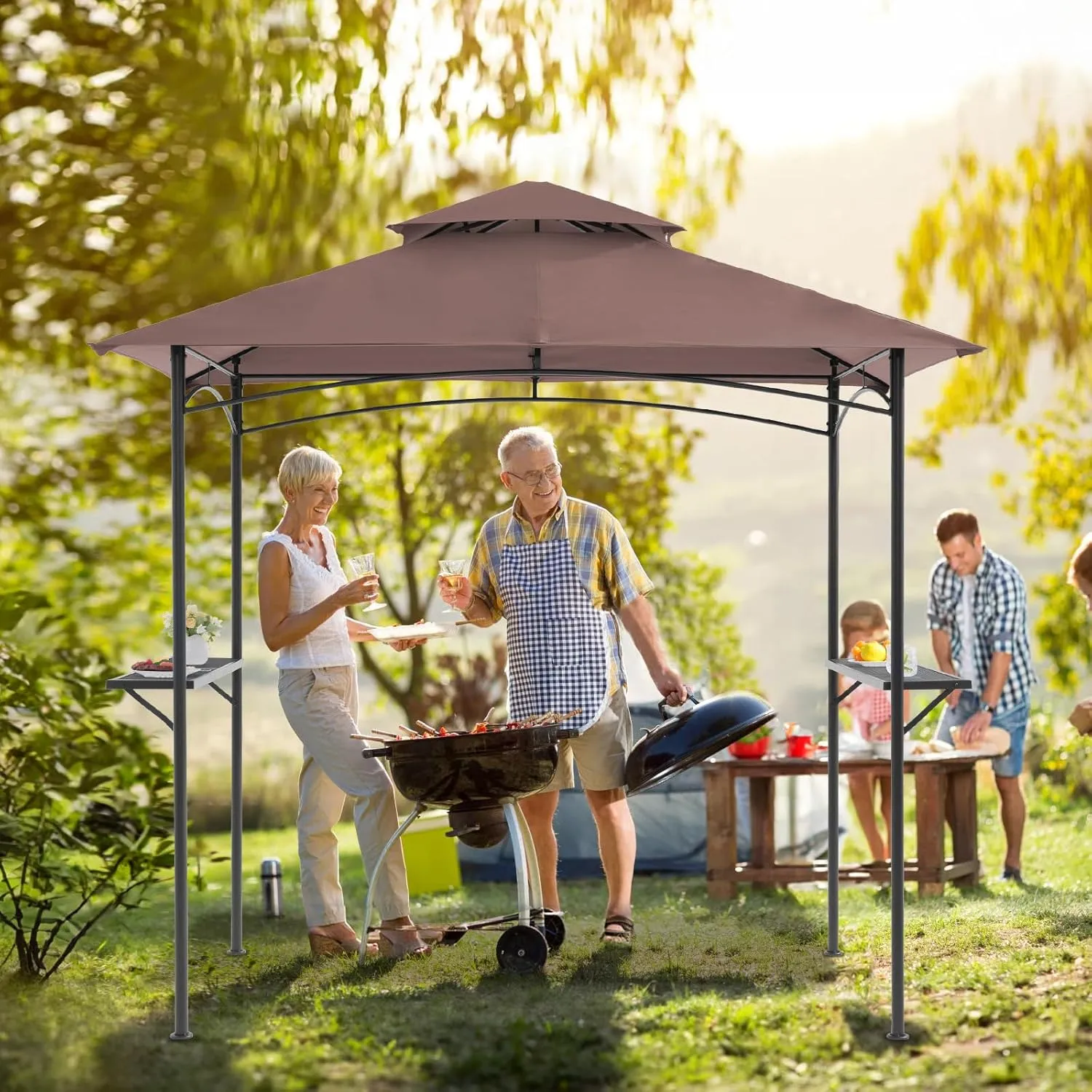 COBANA Grill Gazebo 8’x 5’ Outdoor Patio Backyard BBQ Grill Shelter Double Tiered Soft Canopy Top with Steel Frame and Bar Counters, Khaki