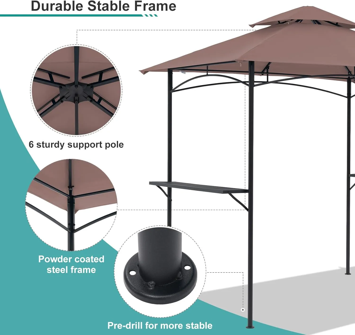 COBANA Grill Gazebo 8’x 5’ Outdoor Patio Backyard BBQ Grill Shelter Double Tiered Soft Canopy Top with Steel Frame and Bar Counters, Khaki