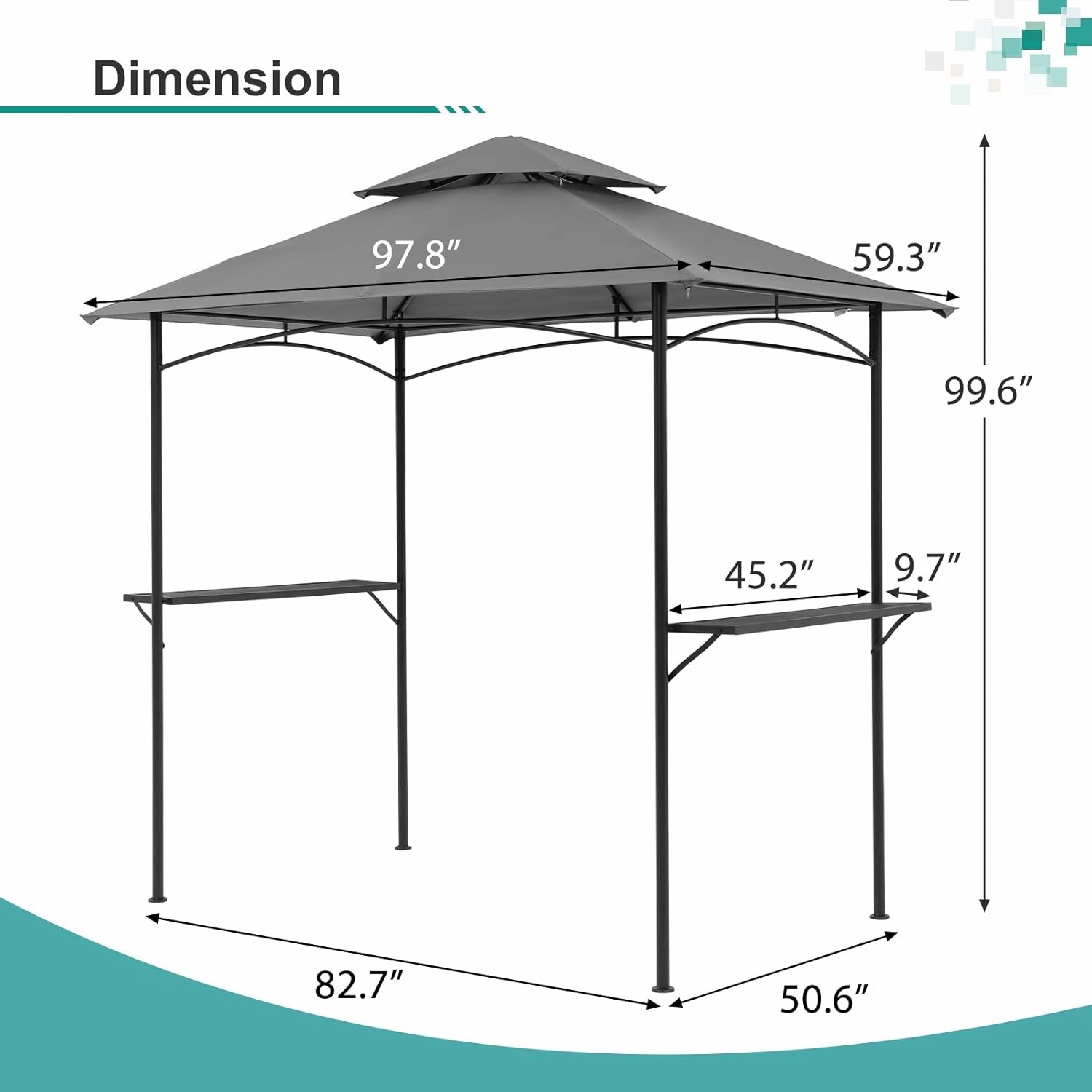 COBANA Grill Gazebo 8’x 5’ Outdoor Patio Backyard BBQ Grill Shelter Double Tiered Soft Canopy Top with Steel Frame and Bar Counters, Gray