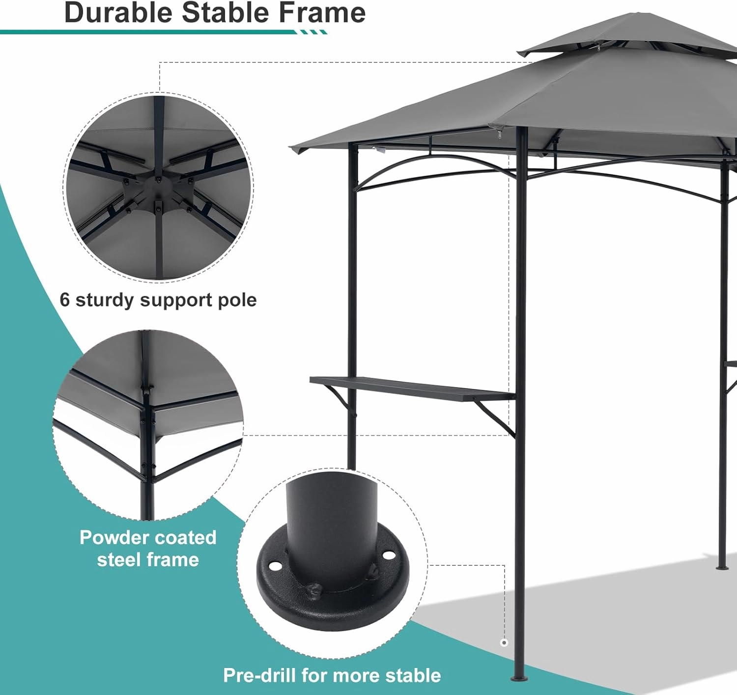 COBANA Grill Gazebo 8’x 5’ Outdoor Patio Backyard BBQ Grill Shelter Double Tiered Soft Canopy Top with Steel Frame and Bar Counters, Gray