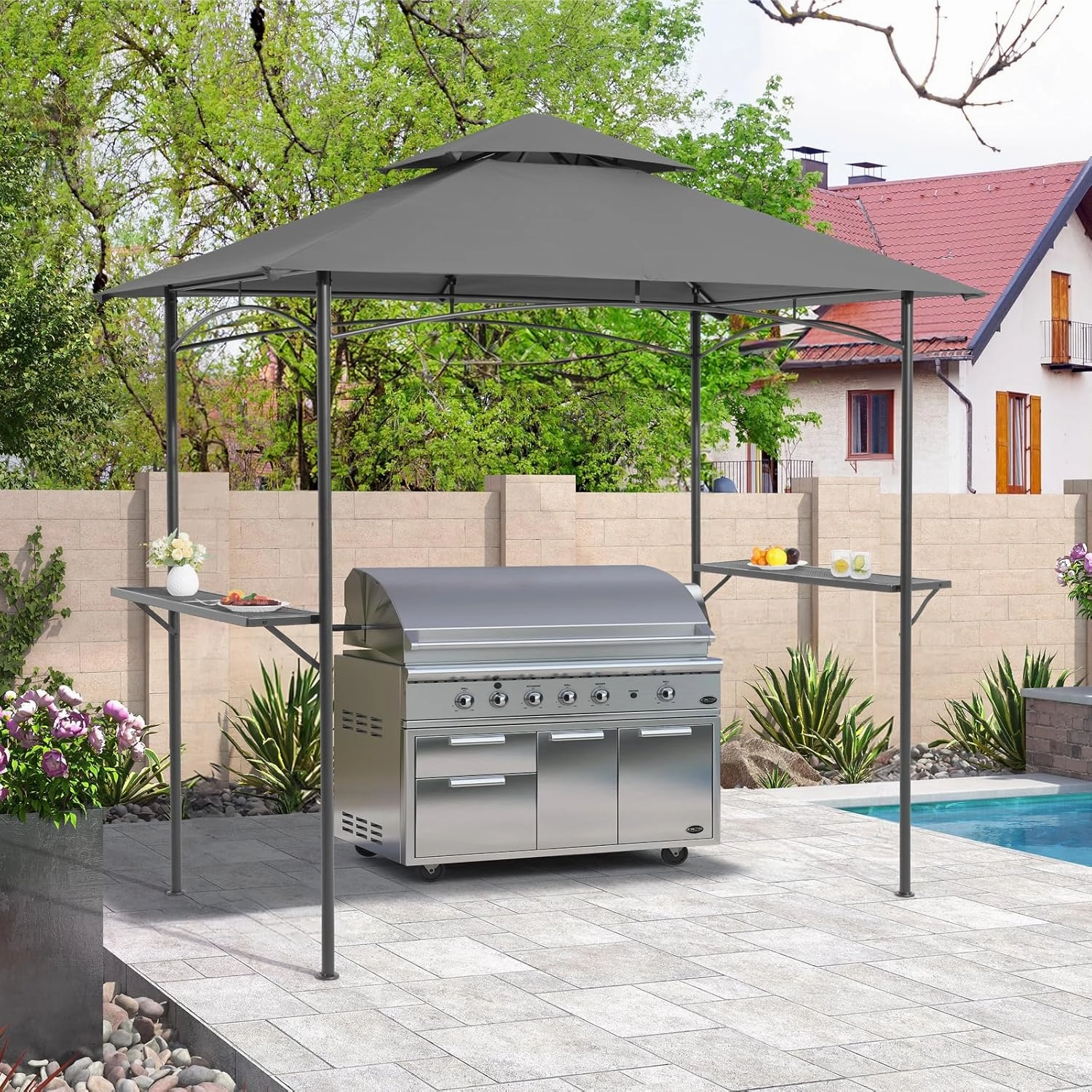 COBANA Grill Gazebo 8’x 5’ Outdoor Patio Backyard BBQ Grill Shelter Double Tiered Soft Canopy Top with Steel Frame and Bar Counters, Gray