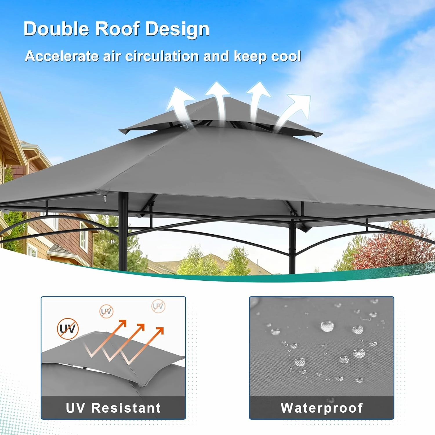 COBANA Grill Gazebo 8’x 5’ Outdoor Patio Backyard BBQ Grill Shelter Double Tiered Soft Canopy Top with Steel Frame and Bar Counters, Gray