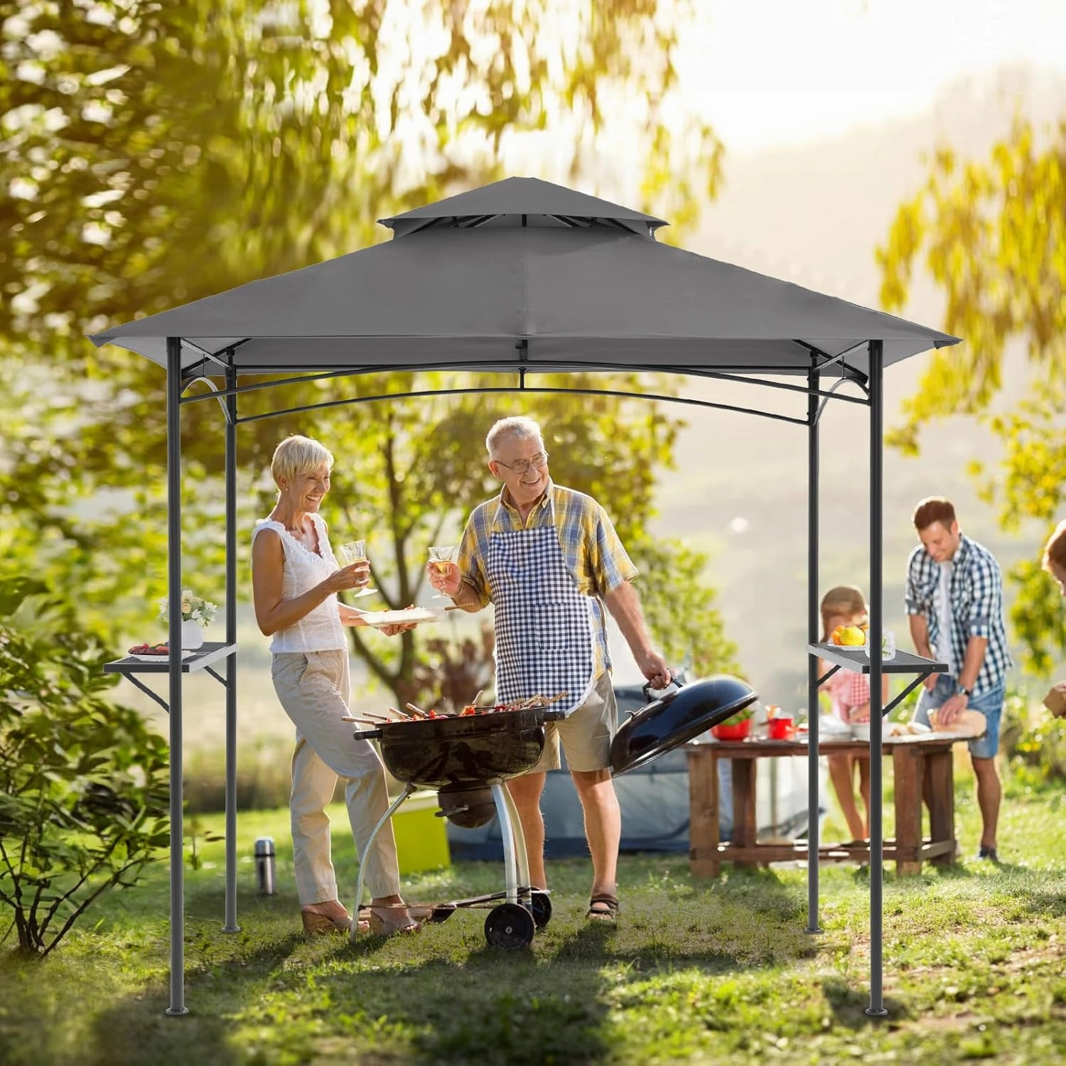 COBANA Grill Gazebo 8’x 5’ Outdoor Patio Backyard BBQ Grill Shelter Double Tiered Soft Canopy Top with Steel Frame and Bar Counters, Gray
