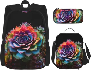 Colorful Succulent Print Stylish Travel Backpack And Lunch Box Set,600d Oxford Fabric,With Insulated Lunch Bag