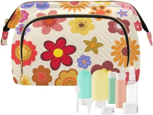 Colorful Vintage Flowers in 1960s 1970s Women Cosmetic Bag Makeup Bag Stylish Trip Beauty Bag Travel Toiletry Bag with Bottle Organizer 10.2 x 5.9 x 6.7 inch
