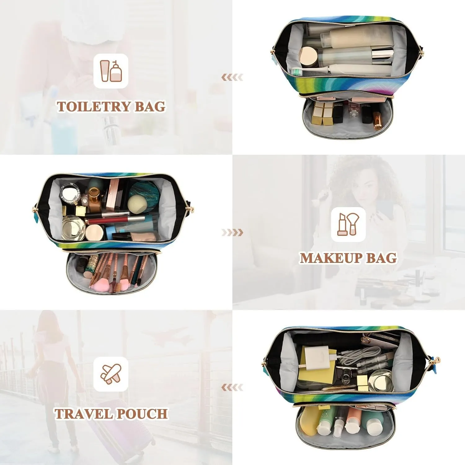 Concentric Rainbow Spectrum Spirally Lines Twisting Rotating lines Women Cosmetic Bag Makeup Bag Stylish Trip Beauty Bag Travel Toiletry Bag with Bottle Organizer 10.2 x 5.9 x 6.7 inch