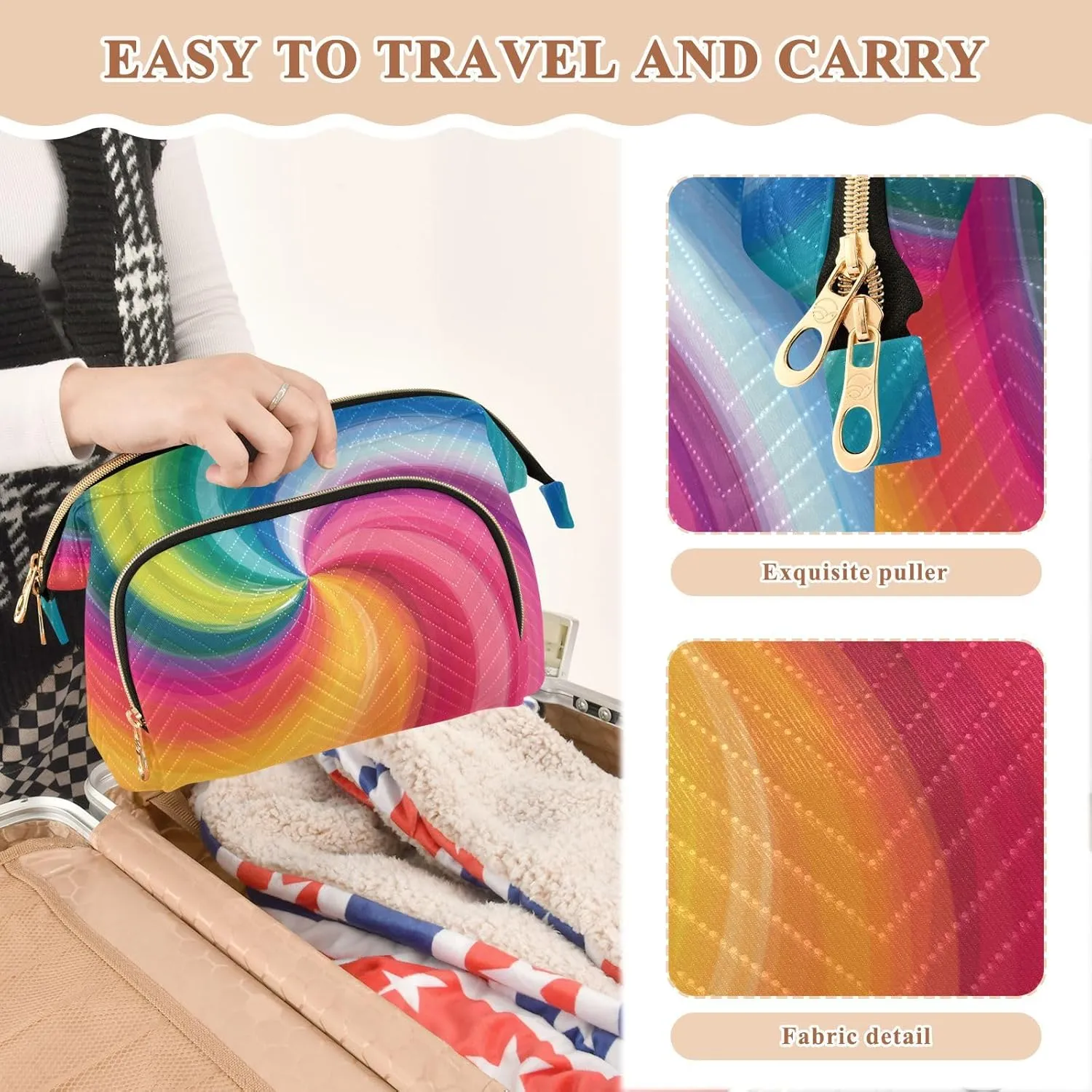 Concentric Rainbow Spectrum Spirally Lines Twisting Rotating lines Women Cosmetic Bag Makeup Bag Stylish Trip Beauty Bag Travel Toiletry Bag with Bottle Organizer 10.2 x 5.9 x 6.7 inch