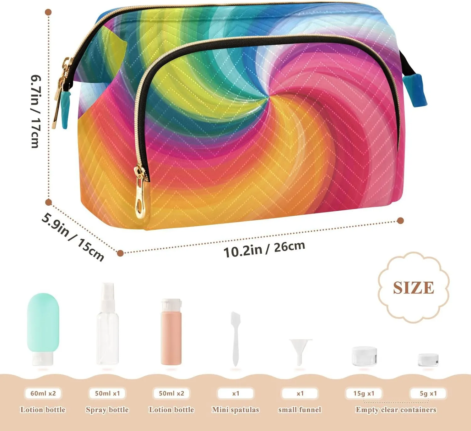 Concentric Rainbow Spectrum Spirally Lines Twisting Rotating lines Women Cosmetic Bag Makeup Bag Stylish Trip Beauty Bag Travel Toiletry Bag with Bottle Organizer 10.2 x 5.9 x 6.7 inch