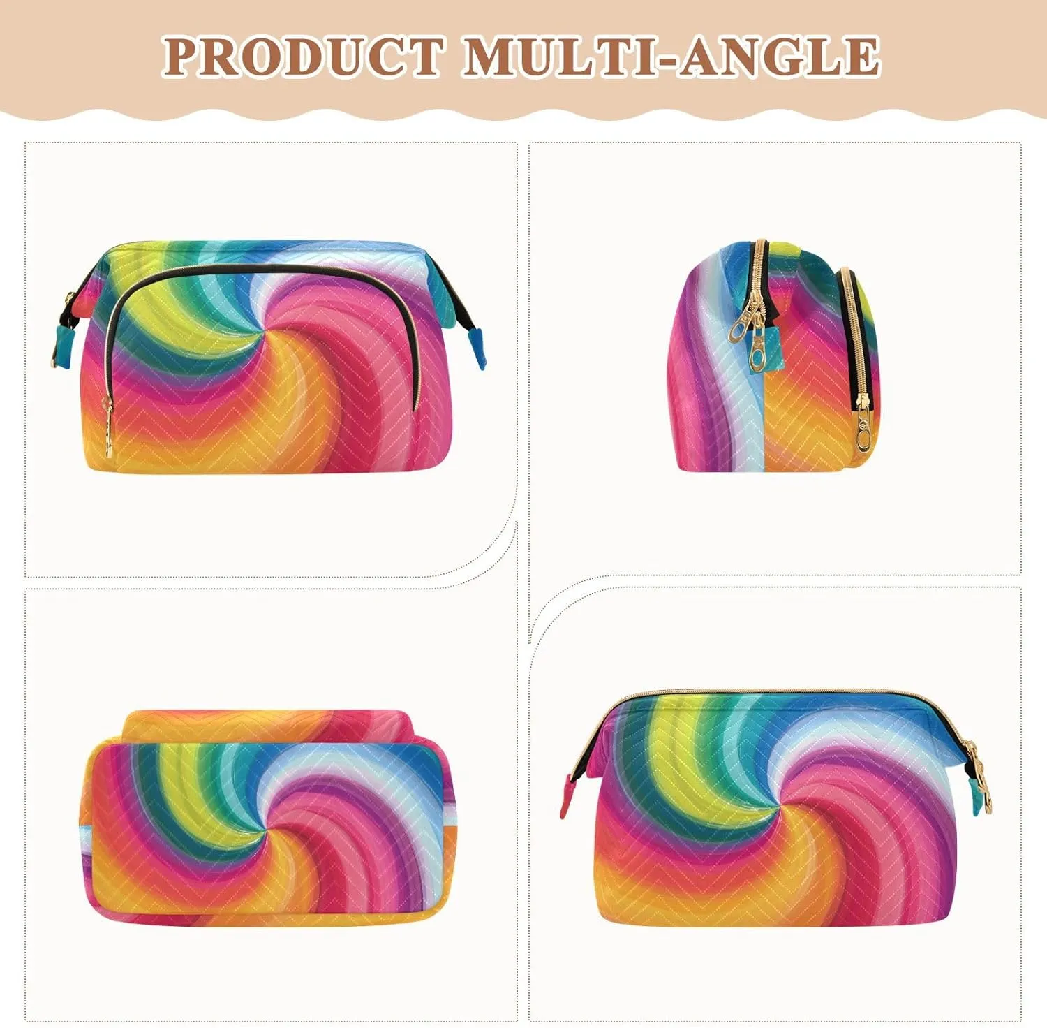 Concentric Rainbow Spectrum Spirally Lines Twisting Rotating lines Women Cosmetic Bag Makeup Bag Stylish Trip Beauty Bag Travel Toiletry Bag with Bottle Organizer 10.2 x 5.9 x 6.7 inch