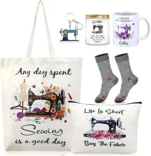 Conelist 6 Pcs Sewing Gifts for Sewing Lovers Women Mom Quilters Supplies Seamstress Gifts Cosmetic Bag Funny Quilting Canvas Bag Coffee Mug Socks Keychain Scented Candle for Mother's Day Birthday