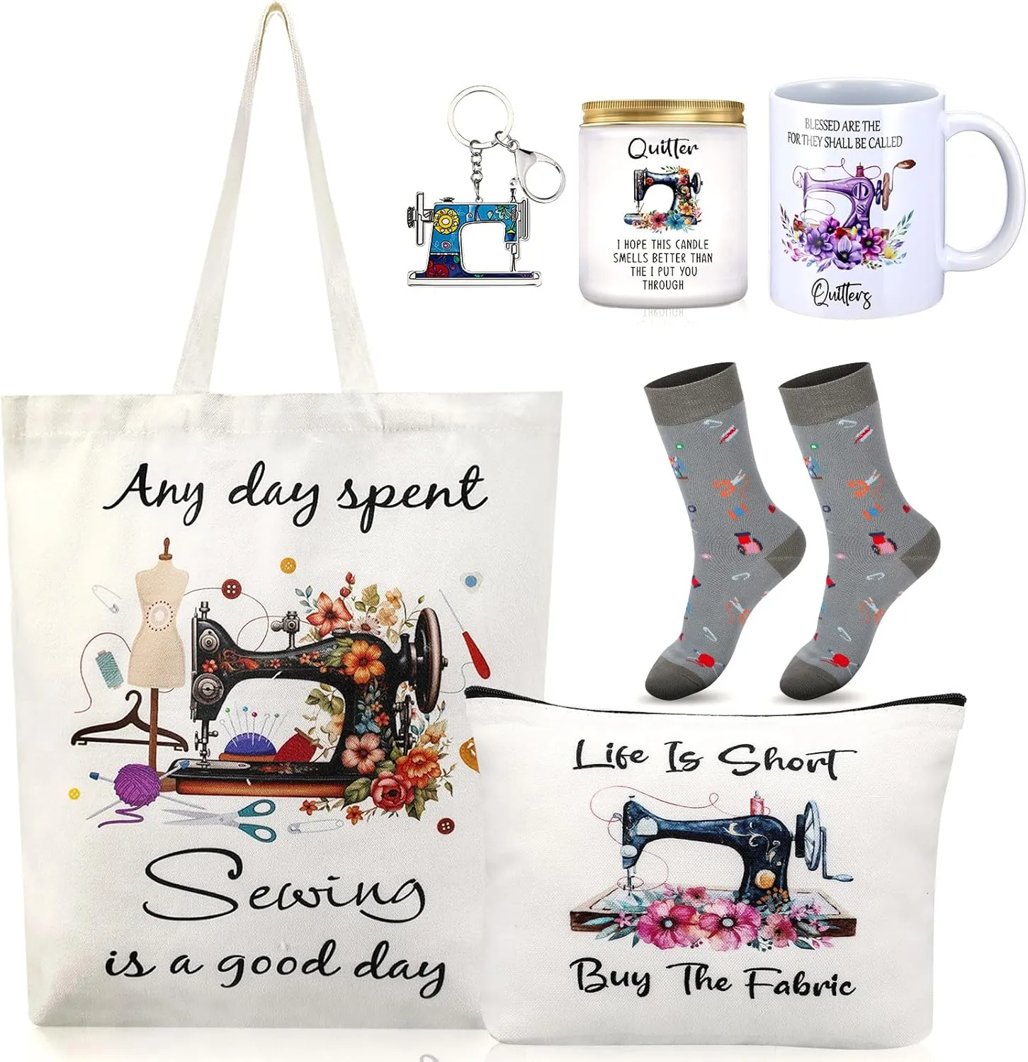 Conelist 6 Pcs Sewing Gifts for Sewing Lovers Women Mom Quilters Supplies Seamstress Gifts Cosmetic Bag Funny Quilting Canvas Bag Coffee Mug Socks Keychain Scented Candle for Mother's Day Birthday