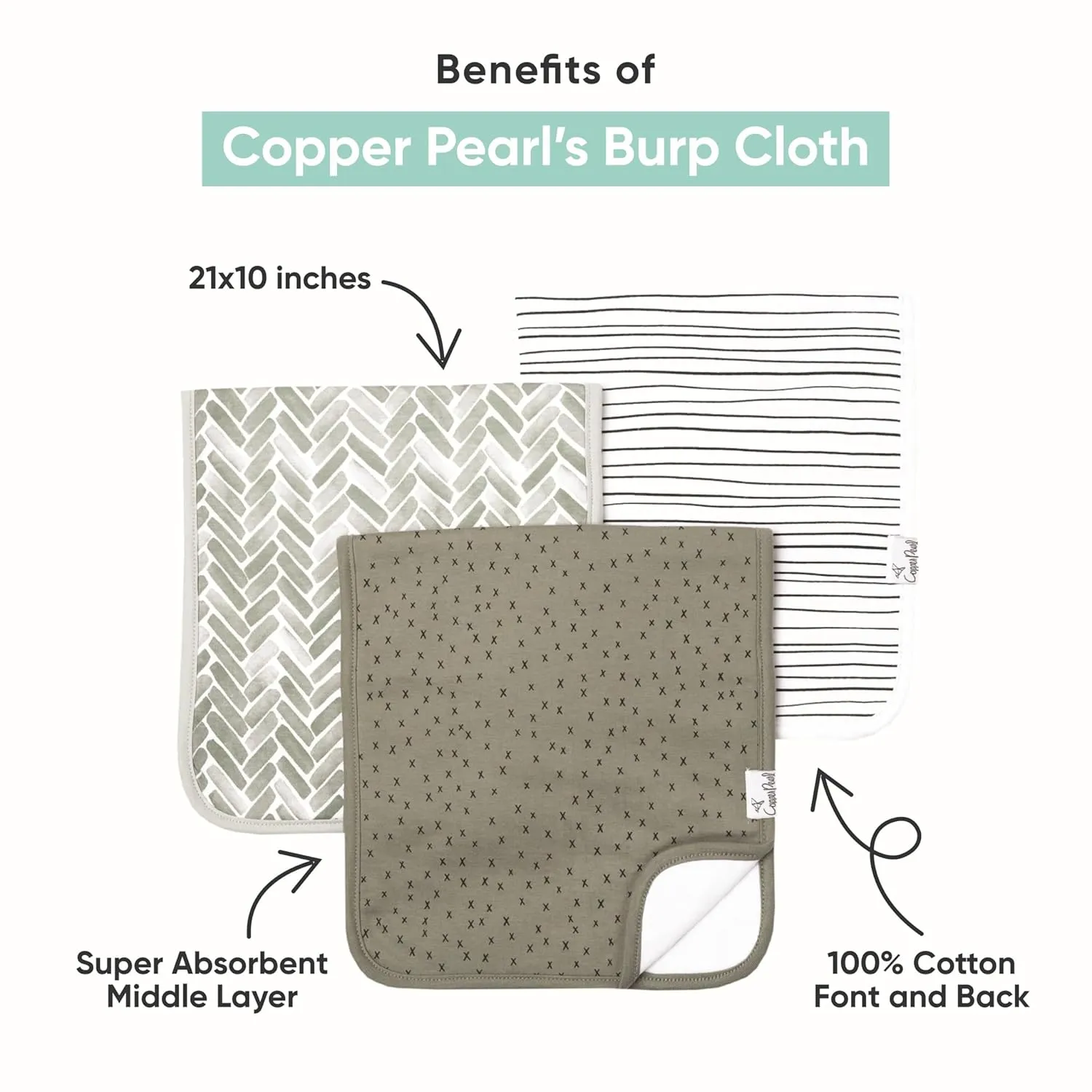 Copper Pearl Premium Baby Burp Cloths - 3-Pack Large Cotton Burp Cloths, Extra Soft Spit Up Rags with 3 Absorbent Layers, Perfect for Baby Girl Gifts (21" x 10" Size, Blush Set)