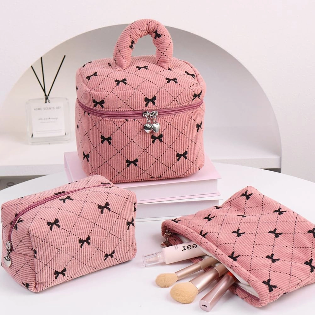 Cosmetic Bag Set with Bow Pattern, 3 Pieces Travel Makeup Organizer, Portable Large Capacity Mekeup Bag (Pink)