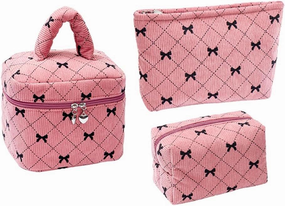 Cosmetic Bag Set with Bow Pattern, 3 Pieces Travel Makeup Organizer, Portable Large Capacity Mekeup Bag (Pink)