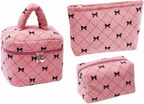 Cosmetic Bag Set with Bow Pattern, 3 Pieces Travel Makeup Organizer, Portable Large Capacity Mekeup Bag (Pink)