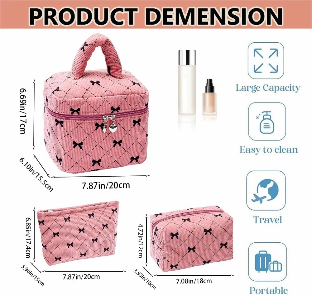 Cosmetic Bag Set with Bow Pattern, 3 Pieces Travel Makeup Organizer, Portable Large Capacity Mekeup Bag (Pink)