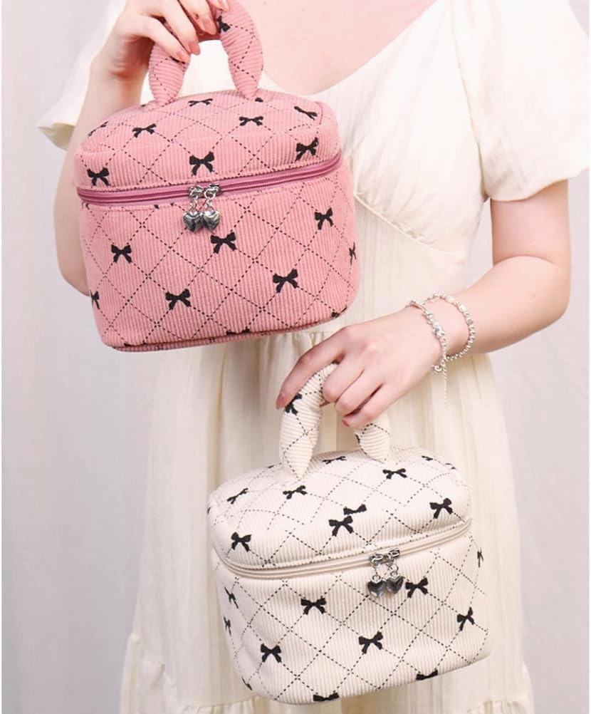 Cosmetic Bag Set with Bow Pattern, 3 Pieces Travel Makeup Organizer, Portable Large Capacity Mekeup Bag (Pink)