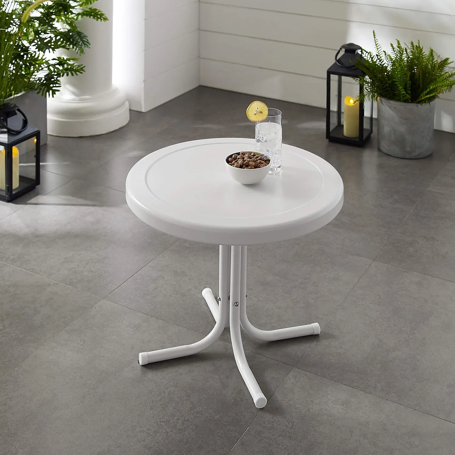 Crosley Furniture Griffith Weather Resistant Retro Metal Outdoor Side Table for Patio, Deck, Porch, Alabaster White