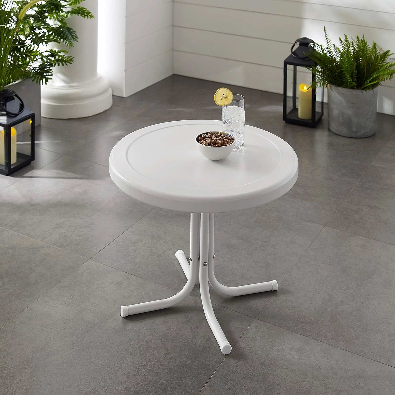 Crosley Furniture Griffith Weather Resistant Retro Metal Outdoor Side Table for Patio, Deck, Porch, Alabaster White