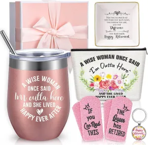 Cunhill Retirement Gifts for Women 2025, Happy Retirement Gifts for Coworker, Teacher, Employee, Mom, Friends, Including Cup, Socks, Ceramic Dish, Makeup Bag and Keychain in Boxes(Rose Gold)