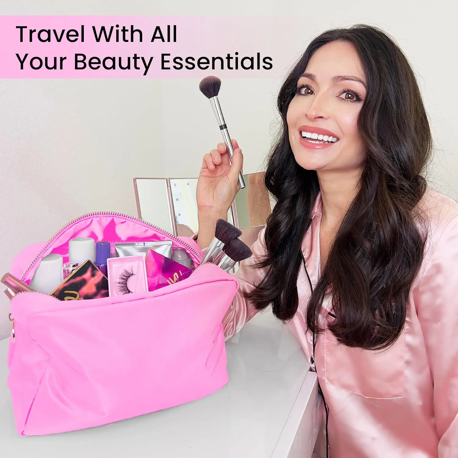 DANCOUR Nylon Makeup Bags for Women Large Preppy Travel Toiletry Pouch Cosmetic Bag Makeup Organizer