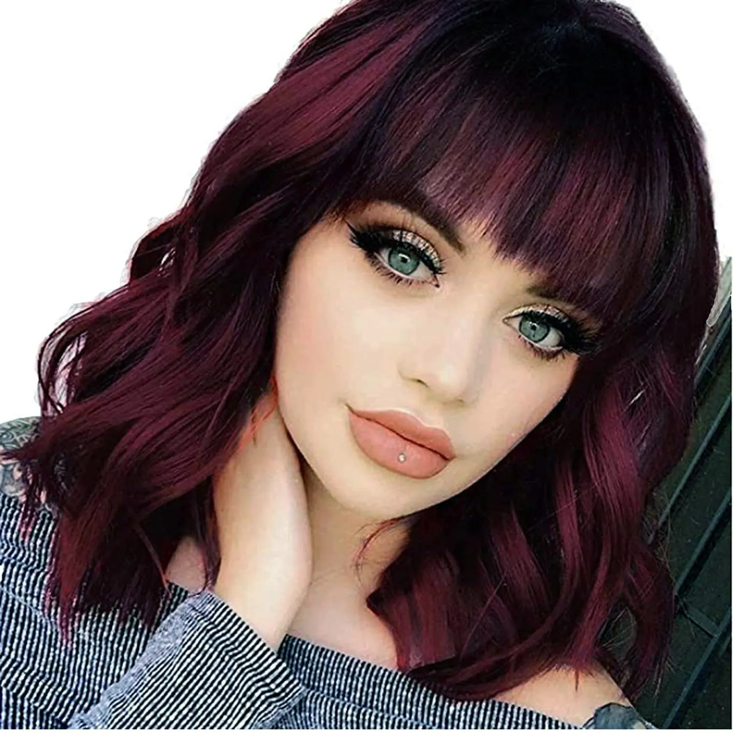 Dark Red Red wigs for women Short Wavy Bob Wig with Bangs Women Synthetic Curly Pastel Bob Wig for Girl Colorful Cosplay Wigs (14'' Dark Red 99J)
