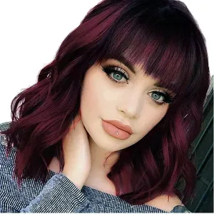 Dark Red Red wigs for women Short Wavy Bob Wig with Bangs Women Synthetic Curly Pastel Bob Wig for Girl Colorful Cosplay Wigs (14'' Dark Red 99J)