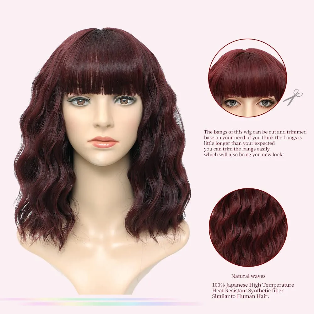 Dark Red Red wigs for women Short Wavy Bob Wig with Bangs Women Synthetic Curly Pastel Bob Wig for Girl Colorful Cosplay Wigs (14'' Dark Red 99J)